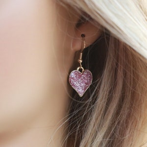 Gold Enamel Glitter Heart Earrings, Red Pink or Black Glitter Heart Earrings, Heart Love Dangle Earrings Everyday Earrings, Gift for Her