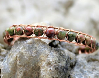 Unakite Sterling Silver Wire Wrap Bracelet, Copper Wrapped Healing Stone Accessory Unique Handmade Unisex Jewelry Gift for Him or Her