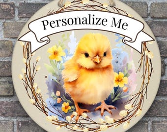 Personalized Easter Chick in Flowers Vintage Look Metal Sign, Cute Spring Chicken Custom Wreath Center, Door Hanger, Garden Indoor Outdoor