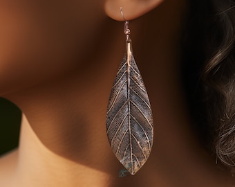 Antique Copper Leaf Earrings, Embossed Long Lightweight Metal Earrings, Every day Fall Statement Accessory