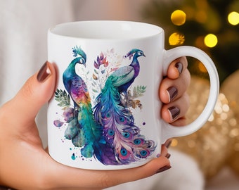 Personalized Peacock Watercolor Ceramic Cup, Animal Print Mug, Blue Ceramic with Multi Colored Bird Drinkware for Coffee, Hot Chocolate, Tea