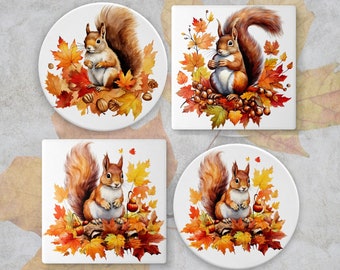 Squirrel Autumn Leaves Coaster, Round or Square Fall Decor, Ceramic or Neoprene Rubber Seasonal Thanksgiving Home Furniture Protection