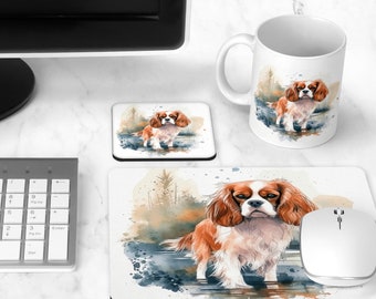 Cavalier King Charles Spaniel Mouse Mug Coaster Desk Set, Watercolor CKCS Computer Accessory, Home Office Spaniel Dog Mom, Animal lover Gift