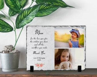 Personalized Mothers Day Rectangle Slate Stone Custom Photo Frame Gift for Mom Grandma, Treasured Keepsake, Multiple Photos in Natural Rock