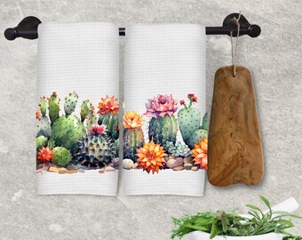 Sonora Desert Cactus Kitchen Towels, Blooming Saguaro Waffle Weave Towel, Motor Home, RV, Housewarming, Wedding, Hostess Gift, Mom Gift