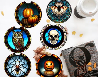 Halloween Neoprene Car Coaster Set of 2  Autumn Themed Rubber Drink Cushion, Vehicle Travel Accessory Truck, Motor Home, Gift for Him or Her