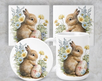 Easter Bunny in Wildflowers, Round or Square Bright Colorful Spring Holiday Ceramic or Neoprene Rubber Furniture Saver Decor Gift