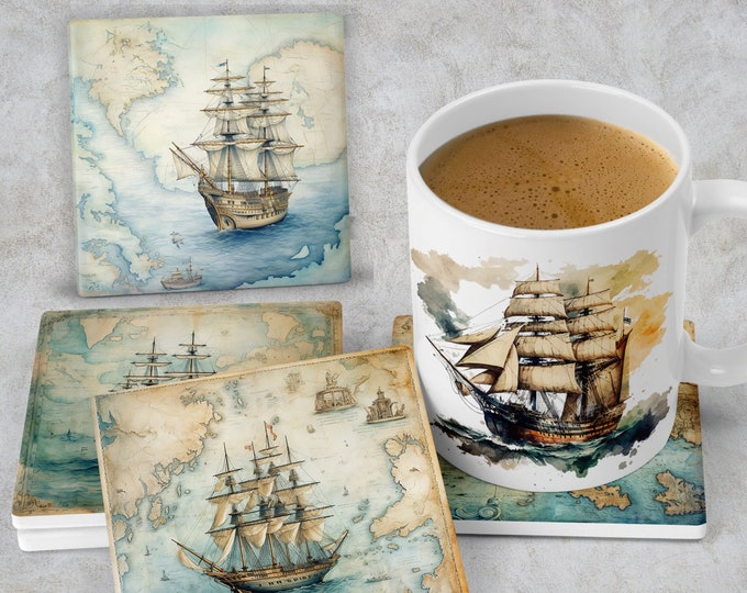 Featured listing image: Old World Antique Maps with Sailing Ships Nautical Coasters, Square Ceramic or Neoprene Rubber Boating, Yachting Home Decor Gift