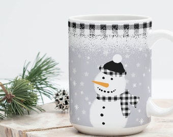 Snowman Black Check Plaid Mug, Seasonal Winter Ceramic Christmas Holiday  Themed Coffee, Tea, Hot Chocolate, Eggnog Drinkware