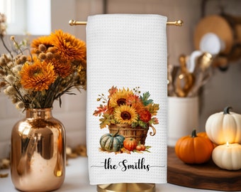 Fall Sunflower Basket with Gourds Kitchen Towel, Autumn Maple and Oak Leaves with Acorns, Thanksgiving Waffel Weave Holiday Home Deco Gift