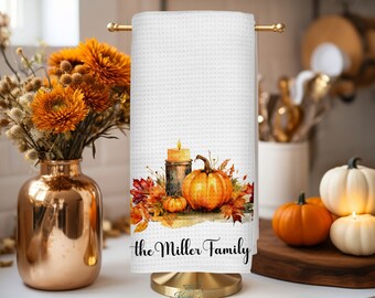 Autumn Kitchen Towel and Dish Cloth Set, Fall Leaves, Pumpkins, Candles, Lanterns, Jars Thanksgiving Waffel Weave Holiday Home Deco Gift