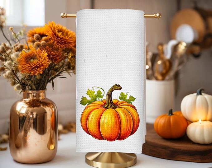 Featured listing image: Fall Pumpkin Kitchen Towels, Autumn Gourd Themed Home Decor, Bright Seasonal Thanksgiving Holiday Decoration