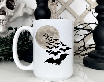 Bat Swarn and Harvest Moon Halloween Mug, Spooky Dinnerware Trick or Treat Themed Coffee, Tea Hot Chocolate, Pumpkin Spice Drinkware