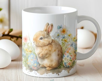 Watercolor Painted Easter Egg Bunny in Blue Flowers Easter Ceramic Mug, Bunny in Flowers Coffee Cup, Spring Drinkware Home Gift