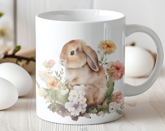 Watercolor Pastel Flowers with Spring Bunny Ceramic Mug, Yellow Pink White Hydrangeas Coffee Tea Drinkware, Spring Home Gift Cup