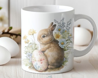 Watercolor Painted Bunny with Pink Egg Easter Ceramic Mug, Bunny in Flowers Coffee Cup, Spring Drinkware Home Gift