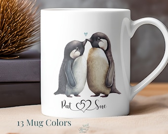 Penguin Love Personalized Double Sided Mug with Blue Heart, Vibrant Colored Holiday Coffee Cup Drinkware Gender Neutral Gift