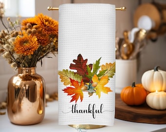 Fall Kitchen Towel, Fall Maple and Oak Leaves with Acorns, Thanksgiving Waffel Weave Holiday Home Deco Gift