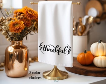 Thankful Kitchen Flour Sack Tea Towel, White Ivory Tan Green Red or Gray Baking Cloth for Everyday, Personalized Holiday Decor Gift