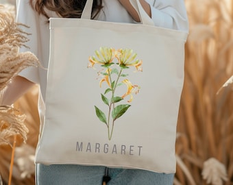 June Birth Month Flower Tote, Honeysuckle Custom Birthday gift, Cotton Canvas Personalized Carry All, gift for Mom, Sister, Aunt, Friend