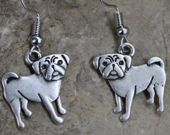 Pug Dog Lover Earrings, Cute Pup Ear Wires, Antique Silver Pet Breed Jewelry, Puppy Love, Gift for her