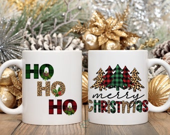 Buffalo Plaid Leopard Print Ho Ho Ho and Merry Christmas Double Sided Mug, Vibrant Colored Holiday Coffee Cup Drinkware Gender Neutral Gift