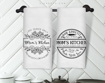 Mom's Kitchen Towel Farmhouse Decor, Love Served Daily Open 24 Hours and Made With Love, Bon Appetit Waffel Weave Micro Fiber Dish Towels,