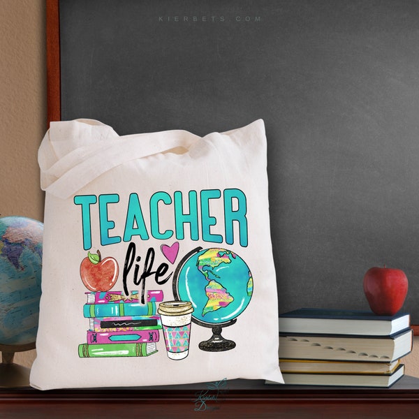 Teacher Life Cotton Tote Bags, Eco Friendly Alternative Washable Sack for School Supplies, Grocery Bag in Natural Book Bag, School Bag