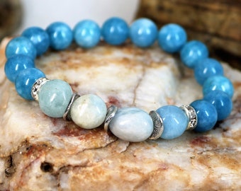 Aquamarine Opal and Silver Stretch Healing Stone Bracelet