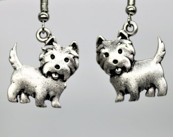 Dog Lover Dangle Earrings, Westie Dog Earrings, Antique Silver Pet Breed Jewelry, Dog Lover Present, Gift for her