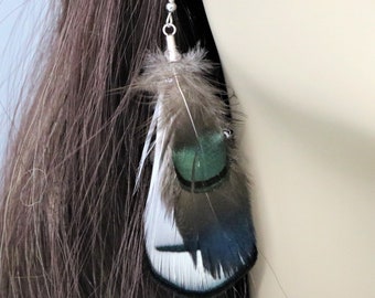 Natural Feather Earrings, Lady Amherst Blue Green White Boho Chic Style  Natural Jewelry, Gypsy Festival Accessories, Gift for Her