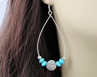 Sterling Silver Turquoise Teardrop Earrings Flower Sun and Disc Dangle Drop with 925 Silver Ear Wire