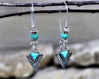 Turquoise and Silver Triangle Arrow Dangle Earrings, Bohemian Western Style Ear Wire Drop earrings, Gift for Her