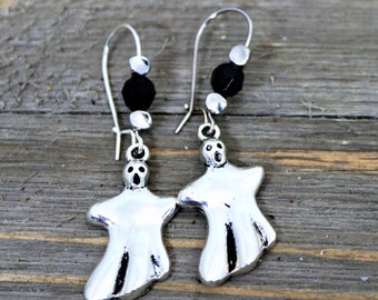 Ghost Dangle Earrings with Black Beads, Creepy Costume Accessory Halloween Party Jewelry, Spooky Trick or Treat Earrings, Gift for Her