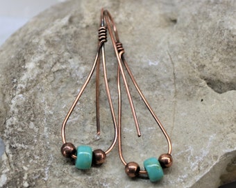 Copper Wire Teardrop Turquoise Red Jasper Beaded Minimalist Earrings, Antiqued Handmade Patina Wrapped Accessories Jewelry Gift for Her