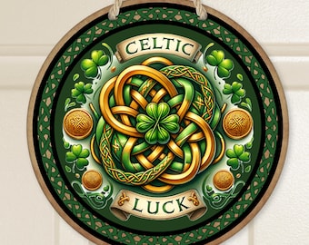 St Patrick Day Metal Sign, Celtic Luck Wreath Center Attachment Door Hanger Decor, Celtic Border Shamrock, Gold Green Clover, Indoor Outdoor