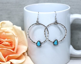 Silver Hoop Earrings and Turquoise Blue Triangle, Round Textured Circle Dangle, Everyday Western Boho Ear Wires, Summer Fashion Wear Jewelry