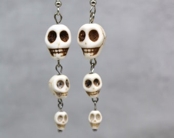 Skeleton Dangle Earrings with Black Beads, Creepy Costume Accessory Halloween Party Jewelry, Spooky Trick or Treat Earrings, Gift for Her