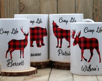Personalized Buffalo Plaid Red Check Camp Life Mugs, 15oz Moose Bear Wolf or Buck for Tea, Coffee, Hot Chocolate Drinkware, Gift for Home