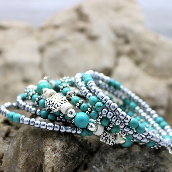 Turquoise Stack Bracelet, Silver Memory Wire Seven Layered Bohemian Western Bead Style Accessory, Fashionable Fun Boho Weekend Gift for Her