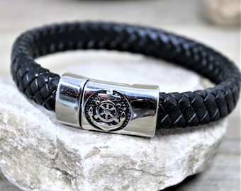Braided Leather and Magnetic Stainless Steel Anchor Clasp Bracelet, Mariner Fisherman Boating Unique  Jewelry, Gift for Him, Gift for Her