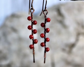 Copper Wire Wrapped Red Jasper Gemstone Beaded Earrings, Handmade Hammered Accessories, Vine Pattern Bar Dangle Jewelry, Gift for Her