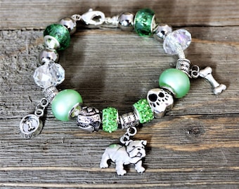 Charm Bracelet Large Hole European Style Beads with Bull Dog Charm, Dog Dish Charm, Bone Charm, Dog Breed Bracelet-Birthday Gift-Gift Her