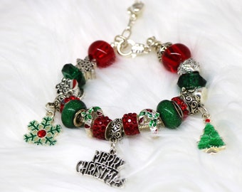 Christmas Charm Bracelet, Large Red, Green and Silver Pandora Style Euro Beads, Snowflake Candy Cane Snowman Santa Holiday Jewelry Gift