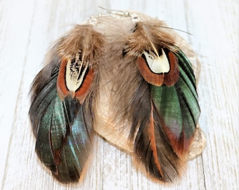 Natural Feather Earrings, Brown Feather Boho Chic Style  Natural Jewelry, Regular Length Gypsy Festival Accessories