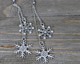 Silver Snowflake Winter  Holiday Dangle Earrings, Festive and Fun Christmas Jewelry, gift for Her