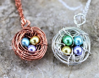 Mother's Day Custom Pearl Birthstone Bird Nest Pendant Necklace, Sterling Silver or Copper Wrap Jewelry Gift for Grandma, Sister, Friend