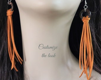 Custom Suede Leather Tassel Fringe Earrings, Boho Chic Vegan Suede Earrings, Personal Unique Jewelry,  gift for her