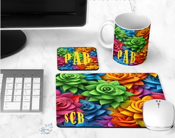 3D Flowers Personalized Desk Set, Monogram Mouse Pad Coaster Mug Workstation Computer Accessory,  Home Office Decor, Rainbow Colored Flora