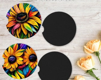 Sunflower Neoprene Car Coaster Single or Sets, Rubber Drink Cushion, Vehicle Travel Accessory for Truck, Motor Home, Boat Gift for Him, Her